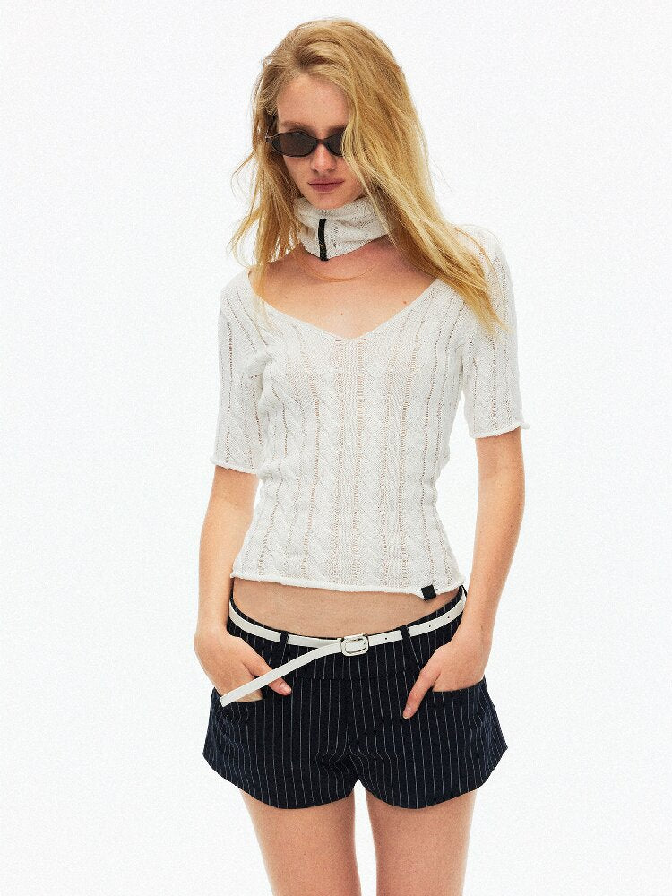 Cut Out Cable V-Neck Knit Top【s0000015928】