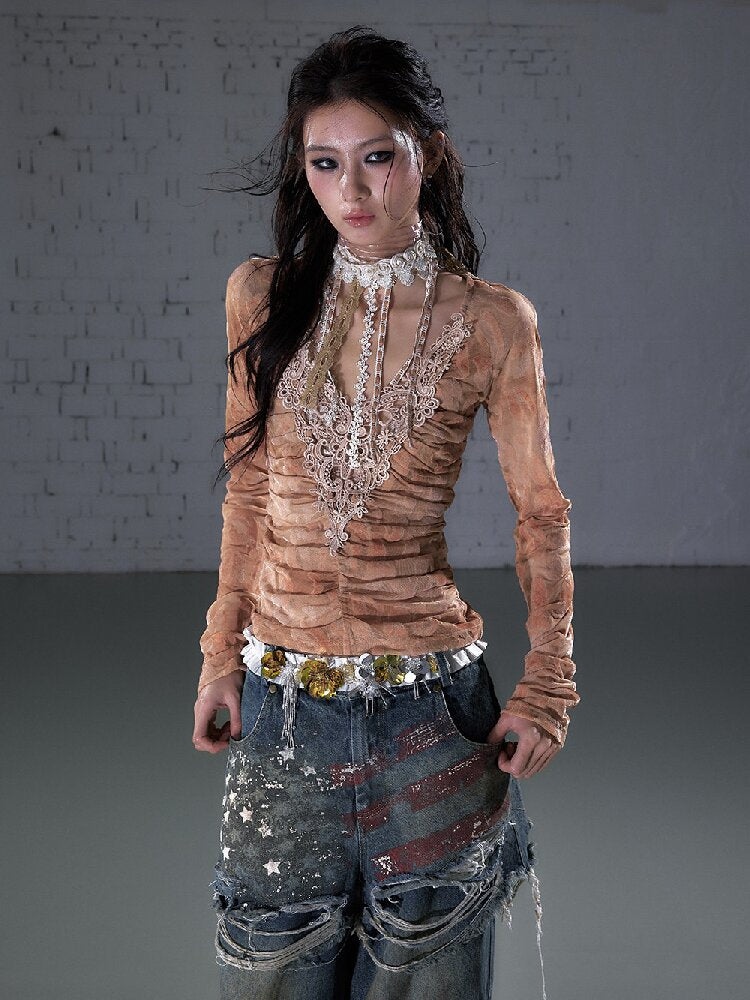 Crochet Flocked Lace Slim Shirt【s0000015934】
