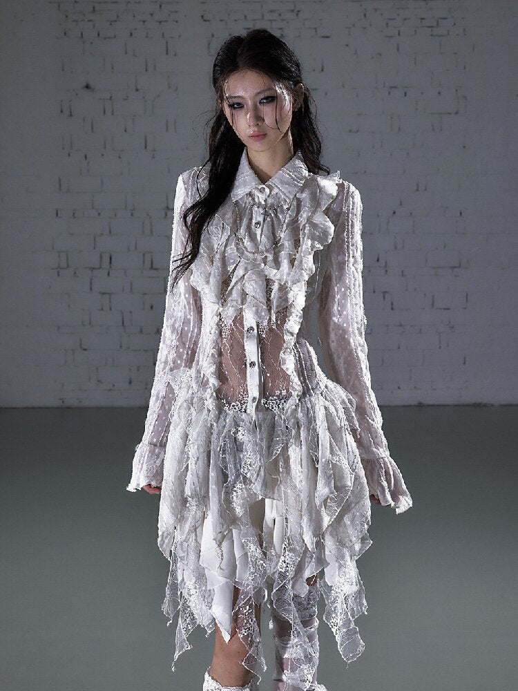 Openwork Lace Irregular Shirt Dress【s0000015941】