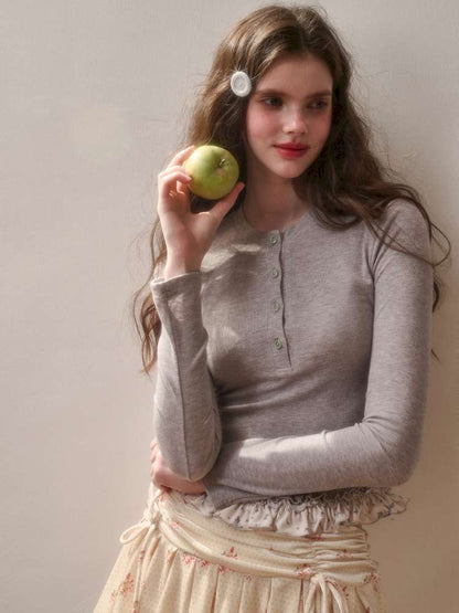 Comfortable Cotton Crew Neck Slim Lace Hem Top【s0000014895】