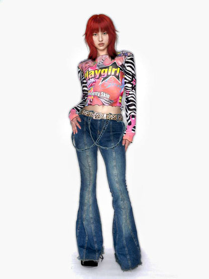 Y2K Millennium Print Long Sleeve Mesh Top【s0000014915】