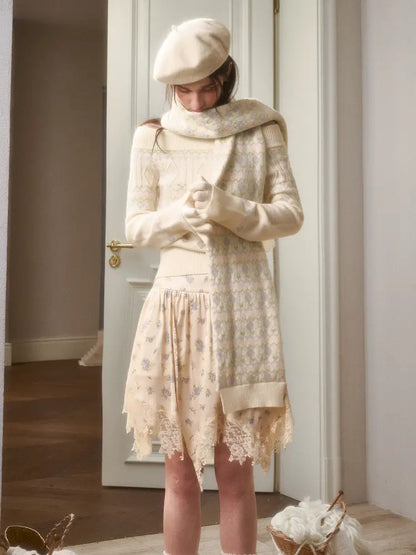Fresh and Soft Cotton Sweater, Scarf, Floral Skirt【s0000014323】