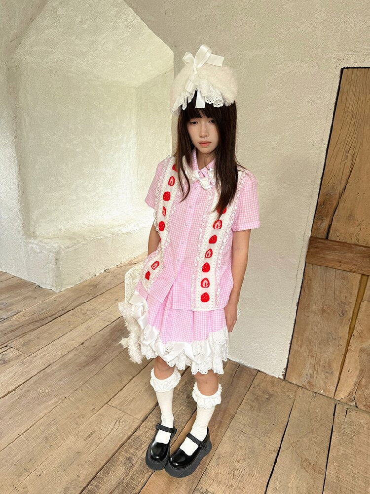 Plaid Lace Bow Short Sleeve Shirt【s0000018541】