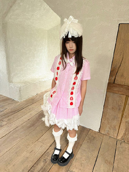 Plaid Lace Bow Short Sleeve Shirt【s0000018541】