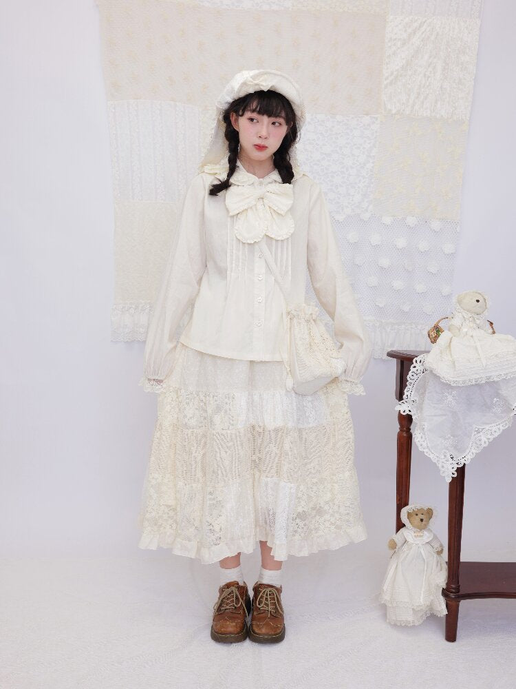 Lace Detachable Bow Pleated Shirt【s0000016501】