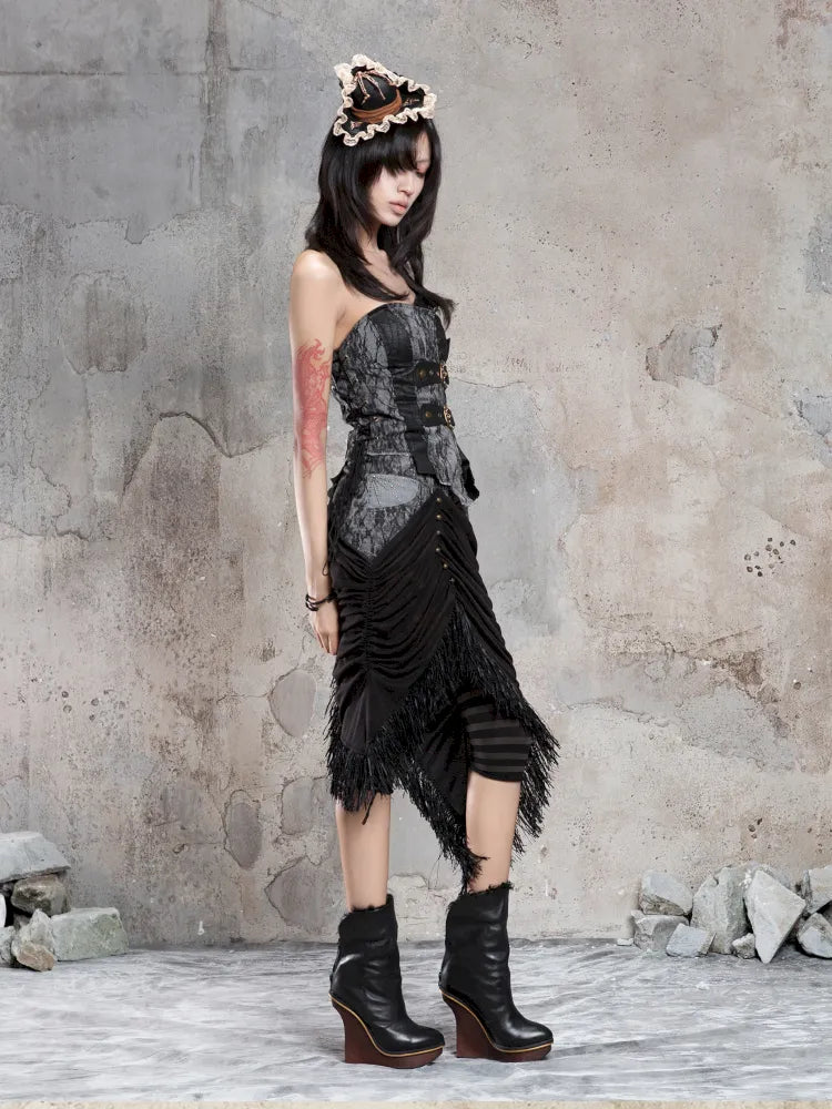 Asymmetric Knit Patchwork Drawstring Skirt【s0000014125】