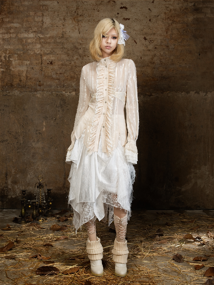 Lace Sequin Patchwork Court Shirt【s0000018382】