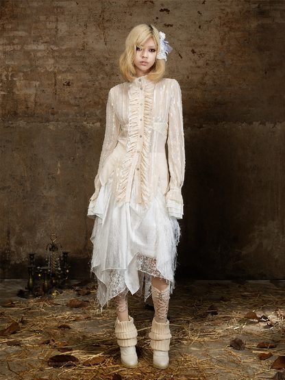 Lace Sequin Patchwork Court Shirt【s0000018382】