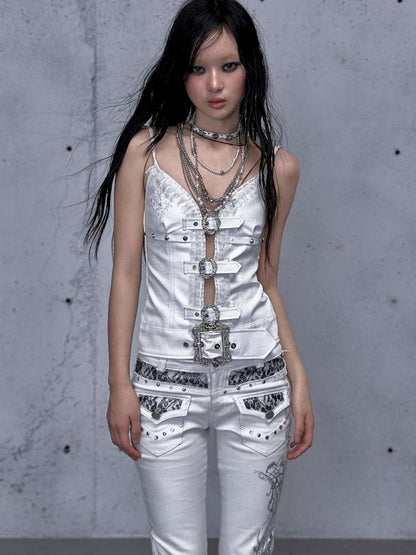 Dark Court Openwork Lace Leather Camisole【s0000014920】