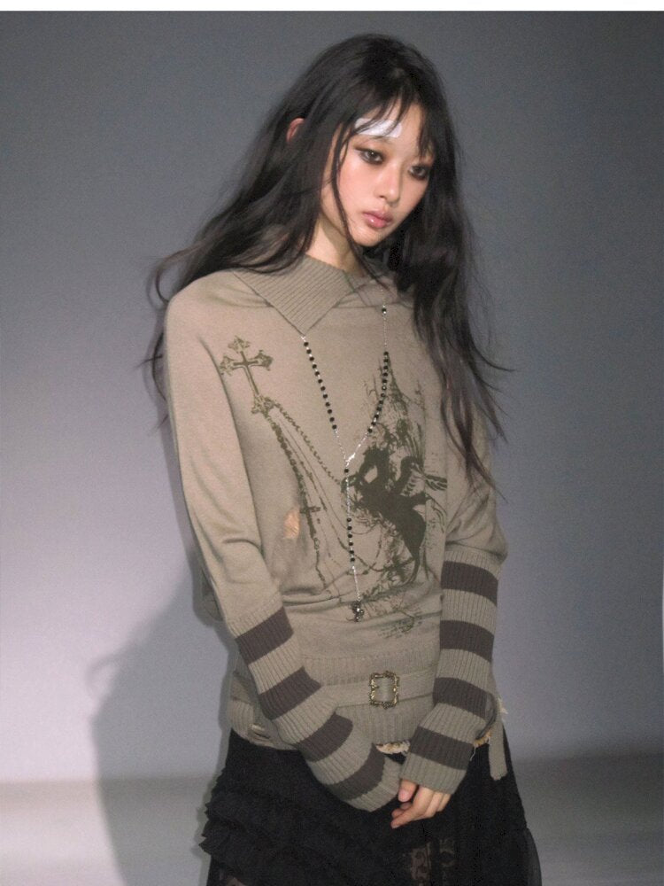 Ripped Stripe Print Wool Knitwear【s0000015448】