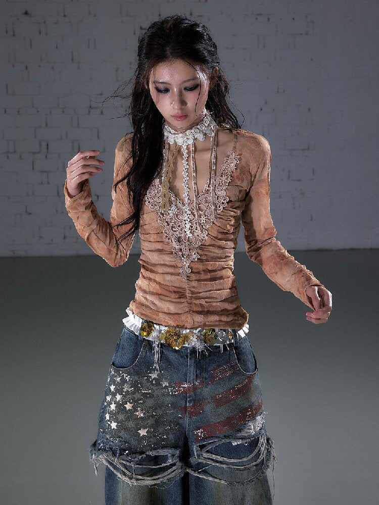 Crochet Flocked Lace Slim Shirt【s0000015934】