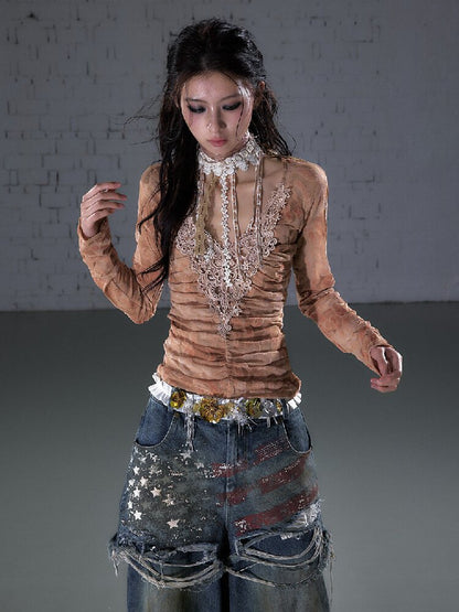 Crochet Flocked Lace Slim Shirt【s0000015934】