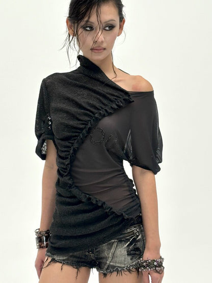 3-Tone Knitted Mesh Pleated T-Shirt【s0000016063】