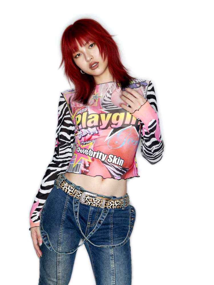 Y2K Millennium Print Long Sleeve Mesh Top【s0000014915】