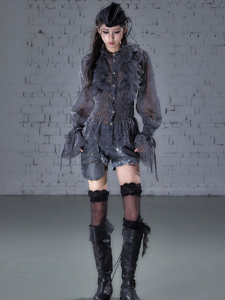 Ruffled Flocked Lace Stand Shirt【s0000016208】