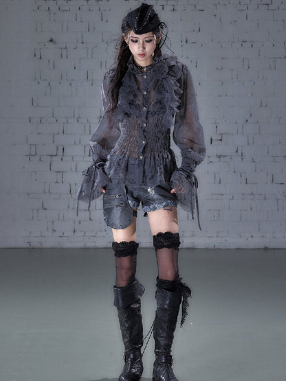 Ruffled Flocked Lace Stand Shirt【s0000016208】