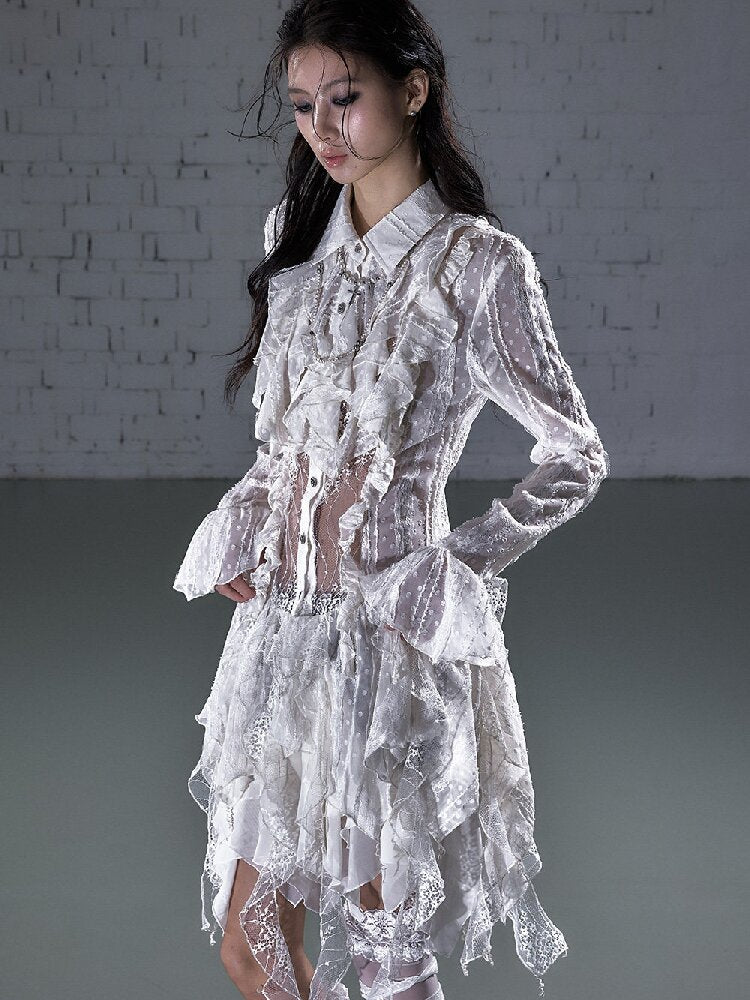 Openwork Lace Irregular Shirt Dress【s0000015941】