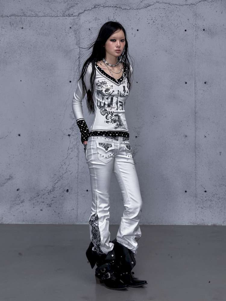 Retro Punk V-Neck Stretch T-Shirt【s0000014928】