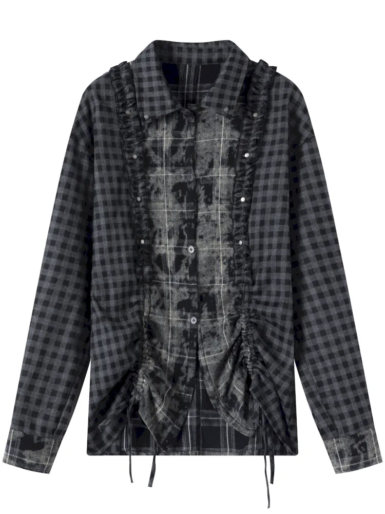 Drawstring Black-Gray Checkered Shir【s0000013959】