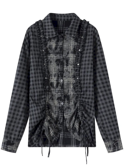 Drawstring Black-Gray Checkered Shir【s0000013959】