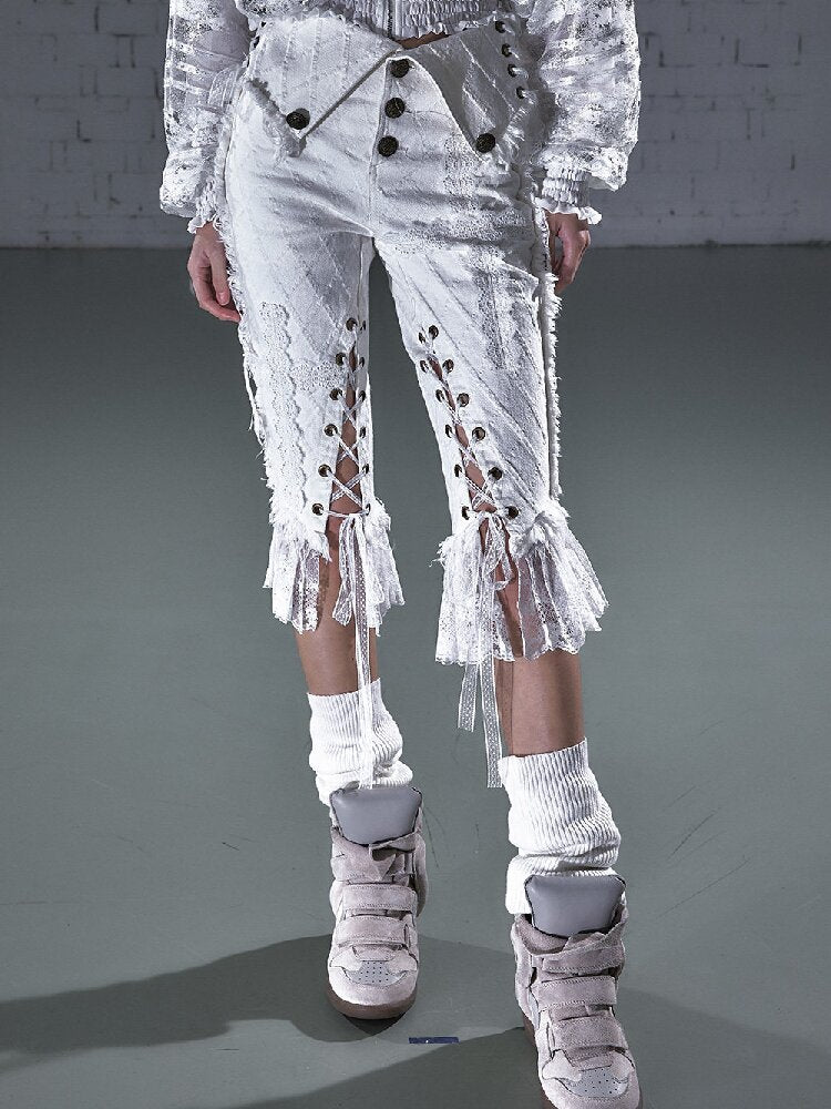 Raw Edge Lace Skinny Denim Pants【s0000016202】