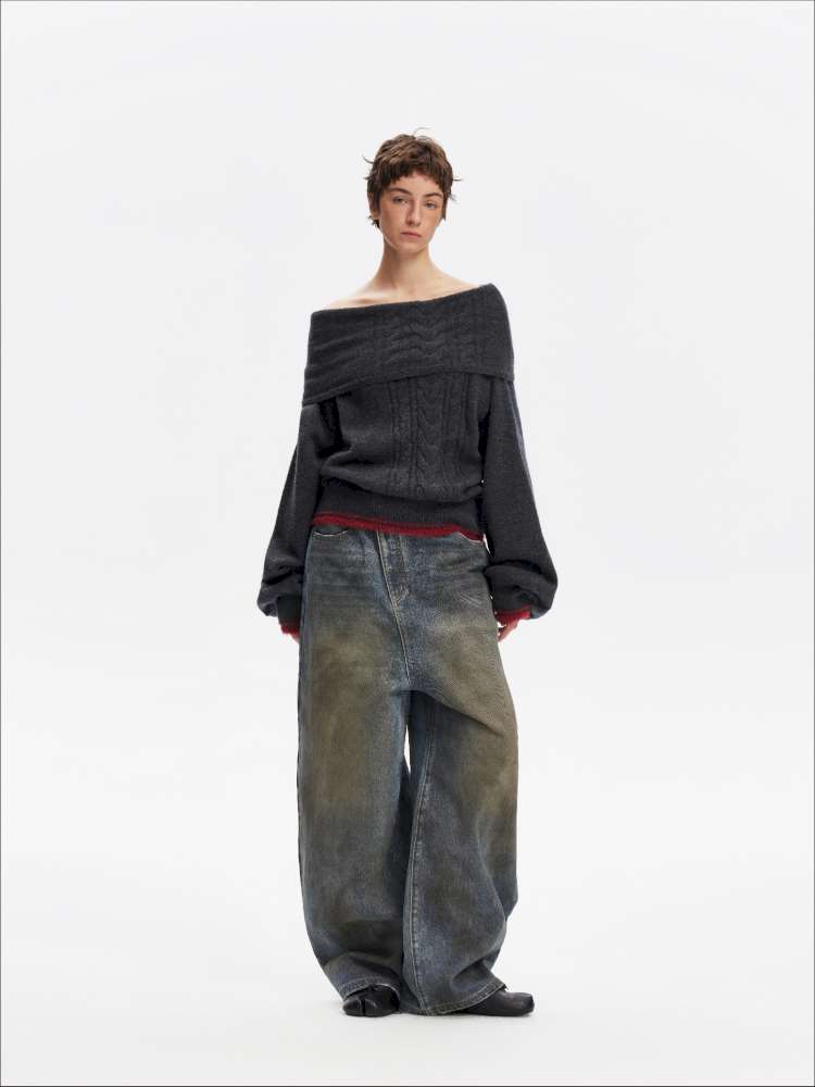 Vintage Yellow Mud Distressed Wide-Leg Jeans【s0000014873】