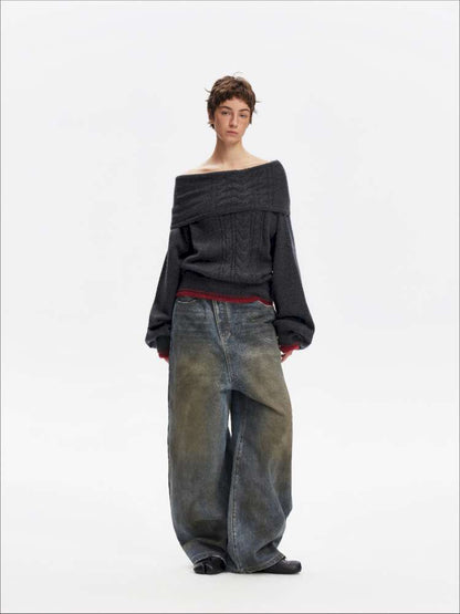 Vintage Yellow Mud Distressed Wide-Leg Jeans【s0000014873】