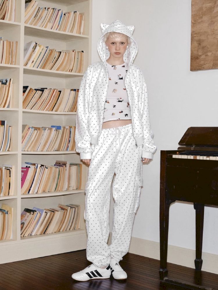 Cat's Paw Long Short Polka Dot Hooded Cardigan Sweatshirt Sweatpants Set【s0000011566】