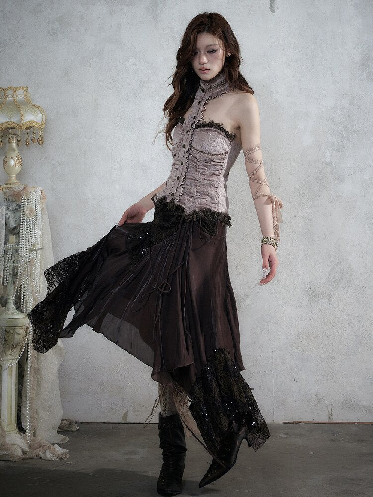 Baroque Lace Patchwork Halter Top【s0000017982】