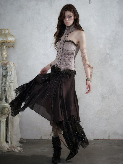 Baroque Lace Patchwork Halter Top【s0000017982】