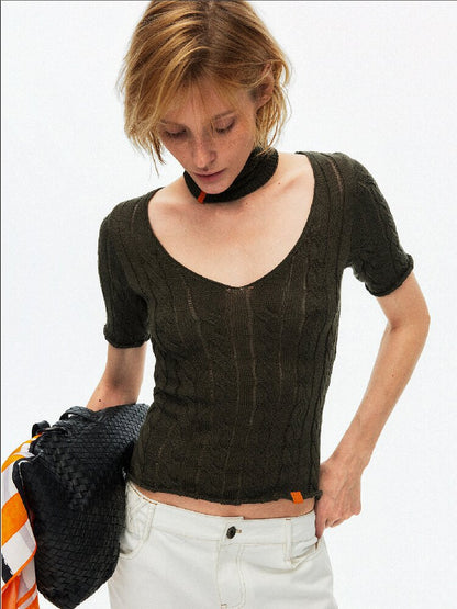 Cut Out Cable V-Neck Knit Top【s0000015928】