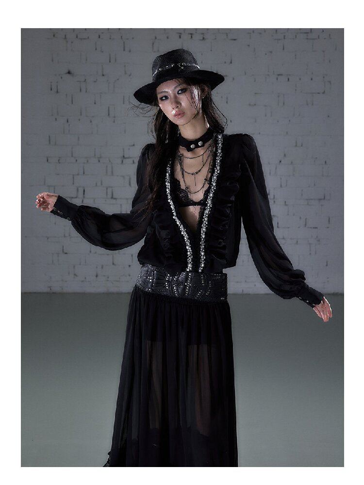Shirring Deep V Chiffon Dress【s0000015932】
