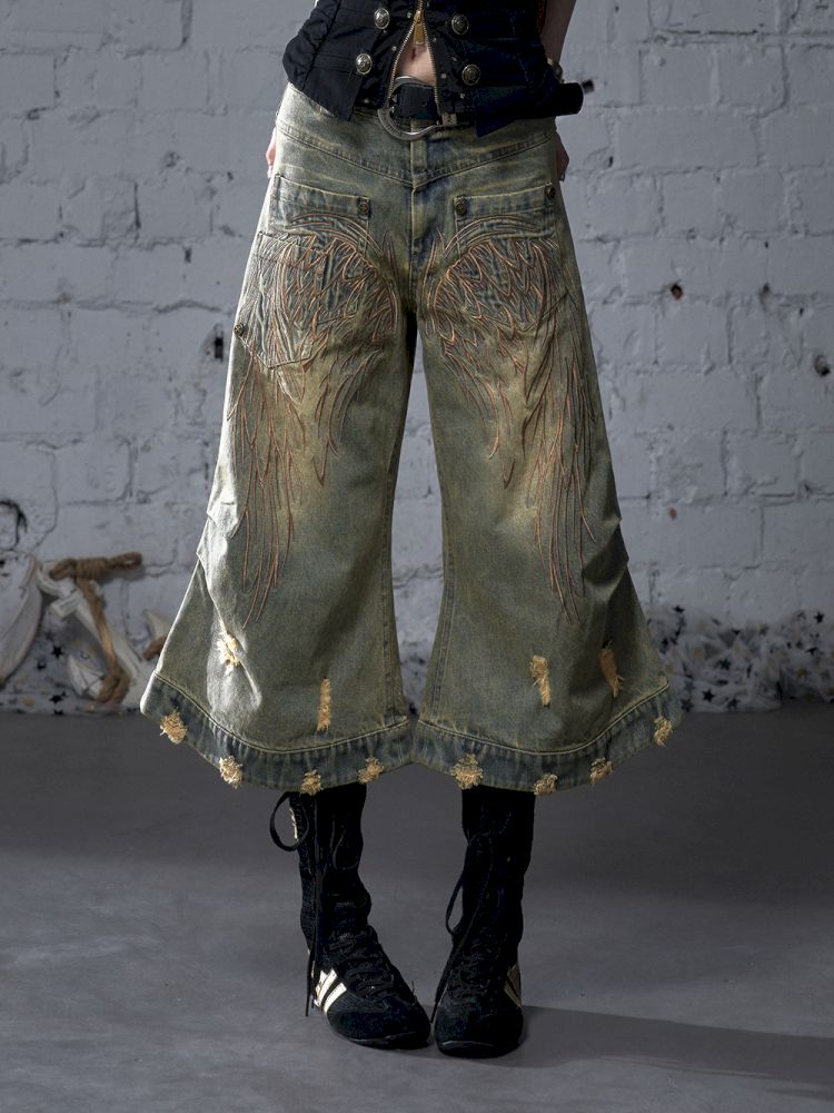 Wide-leg denim cropped pants【s0000012800】