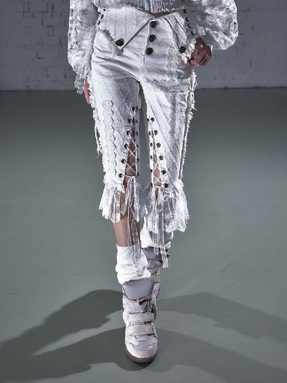 Raw Edge Lace Skinny Denim Pants【s0000016202】