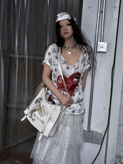 Gold foil print heavy-duty leather shoulder bag【s0000012778】