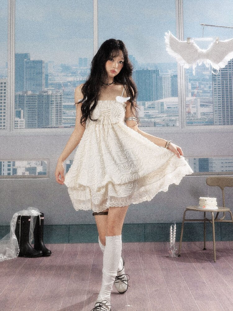 Shirred Lace White Texture Dress【s0000016278】