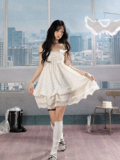 Shirred Lace White Texture Dress【s0000016278】