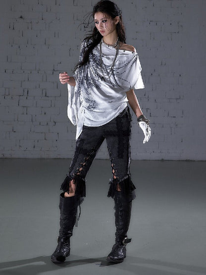 Print Chiffon Swing Collar T-Shirt【s0000016209】