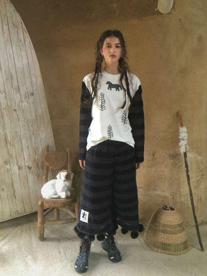 Striped Knit Furball Midi Slacks【s0000014900】