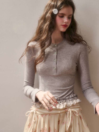 Comfortable Cotton Crew Neck Slim Lace Hem Top【s0000014895】