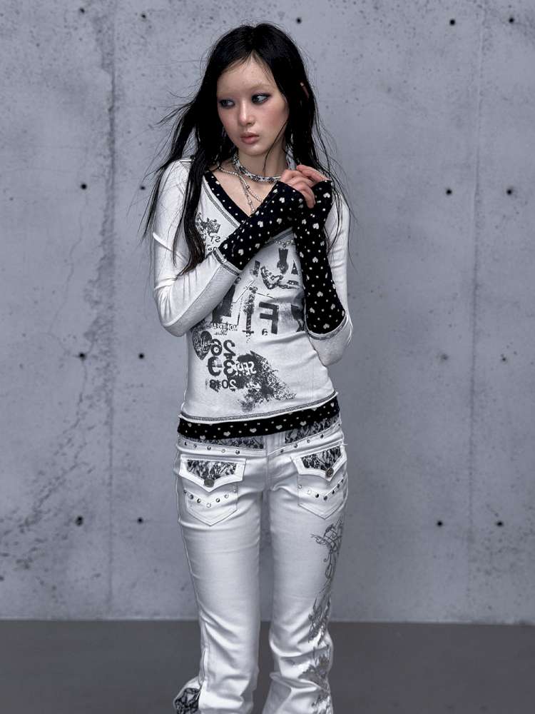 Retro Punk V-Neck Stretch T-Shirt【s0000014928】