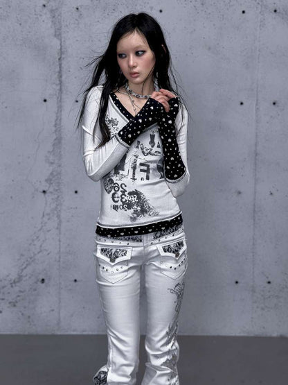 Retro Punk V-Neck Stretch T-Shirt【s0000014928】