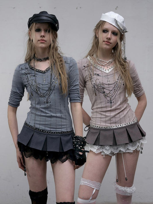Slim Hot Rhinestone V-Neck T-Shirt【s0000012326】