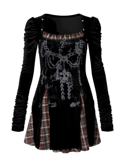 Vintage Baroque Velvet Check Dress【s0000014935】