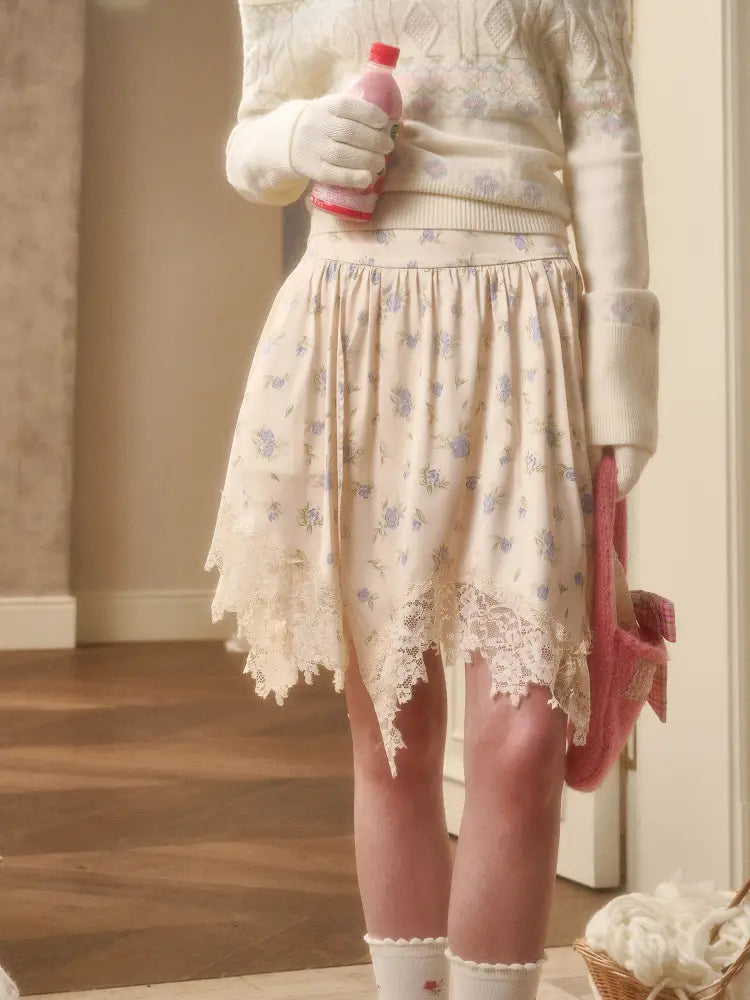 Fresh and Soft Cotton Sweater, Scarf, Floral Skirt【s0000014323】