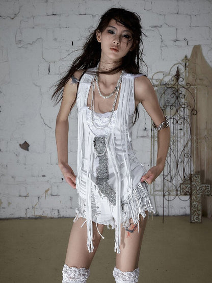 Chain Fringe Patchwork Denim Shorts【s0000016980】