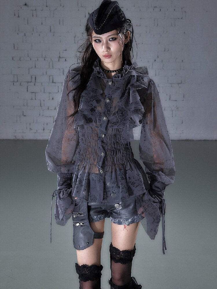 Ruffled Flocked Lace Stand Shirt【s0000016208】