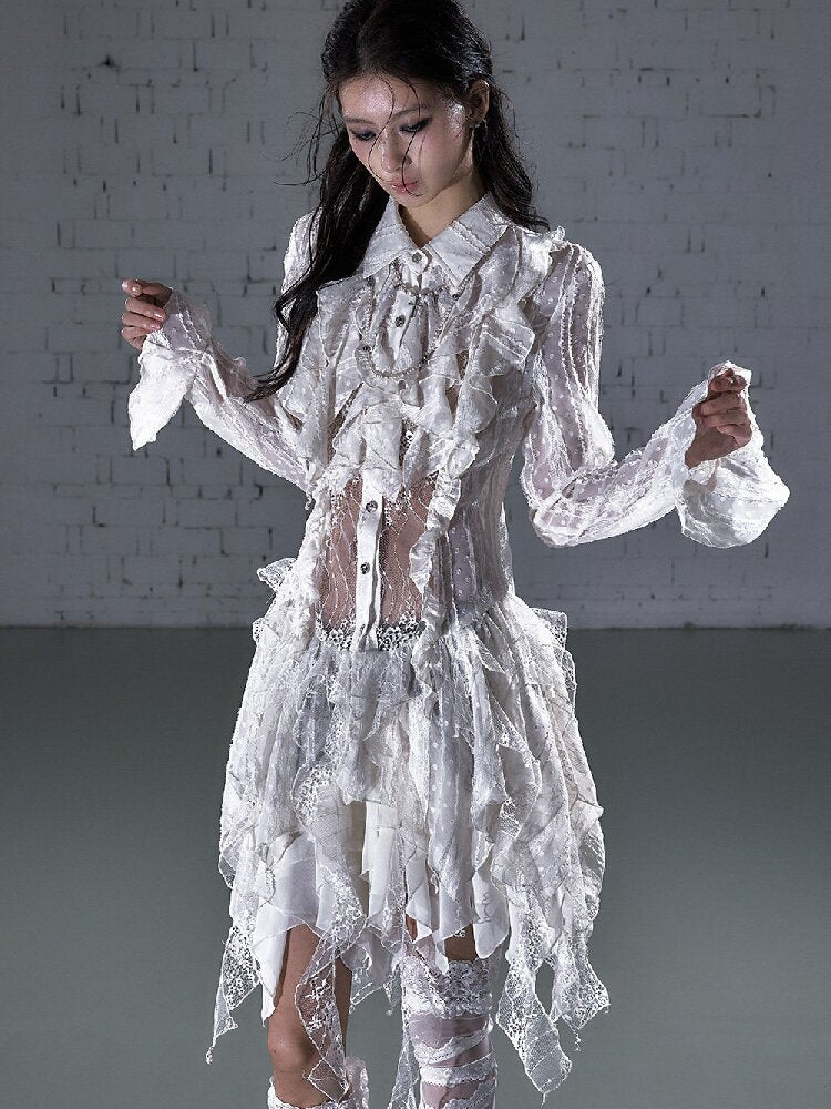 Openwork Lace Irregular Shirt Dress【s0000015941】