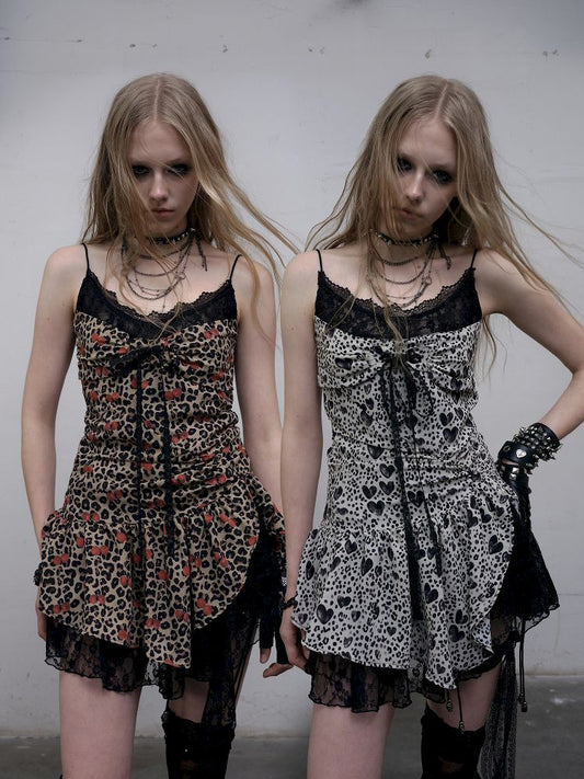Leopard Heart Lace Splicing Skinny Halter Dress【s0000012325】