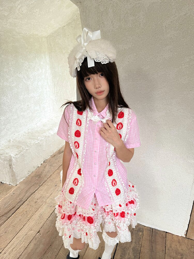 Plaid Lace Bow Short Sleeve Shirt【s0000018541】